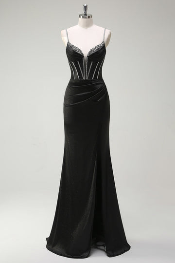 Black Mermaid Spaghetti Straps Corset Long Formal Dress With Slit